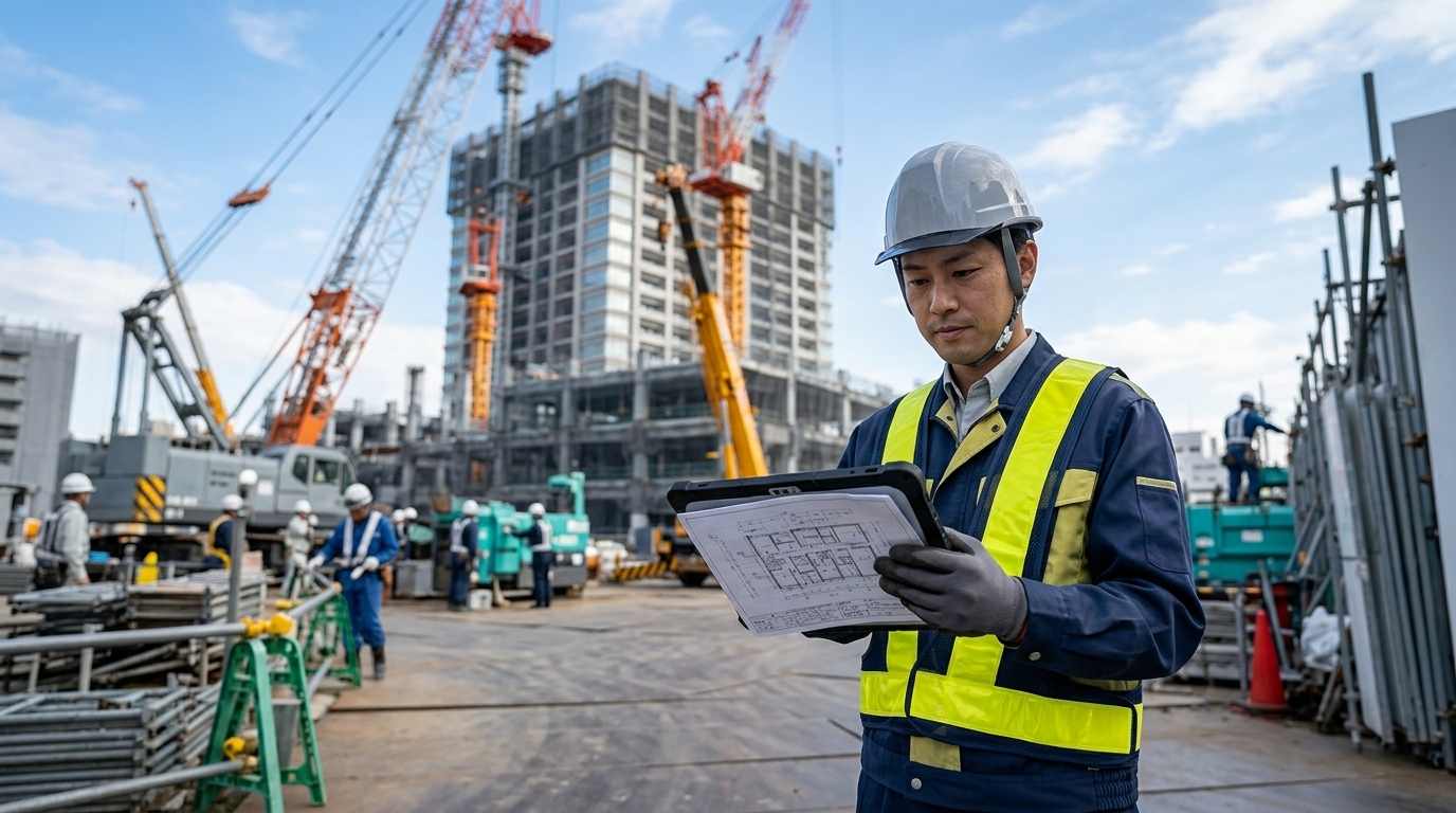 建設現場でタブレットを操作する作業員